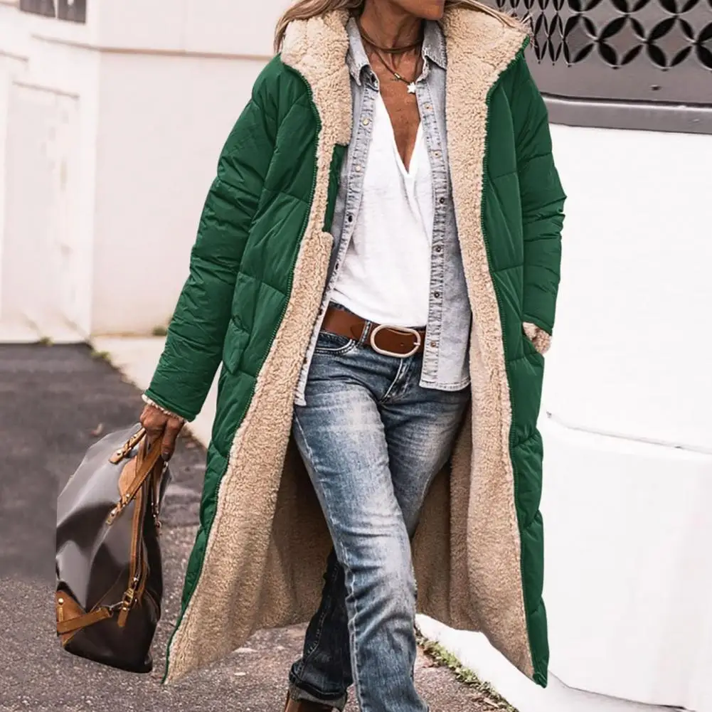 Женская длинная куртка с капюшоном, зимнее сшитое длинное пальто с флисовой подкладкой, двусторонняя одежда, женская модная верхняя одежда на молнии 1
