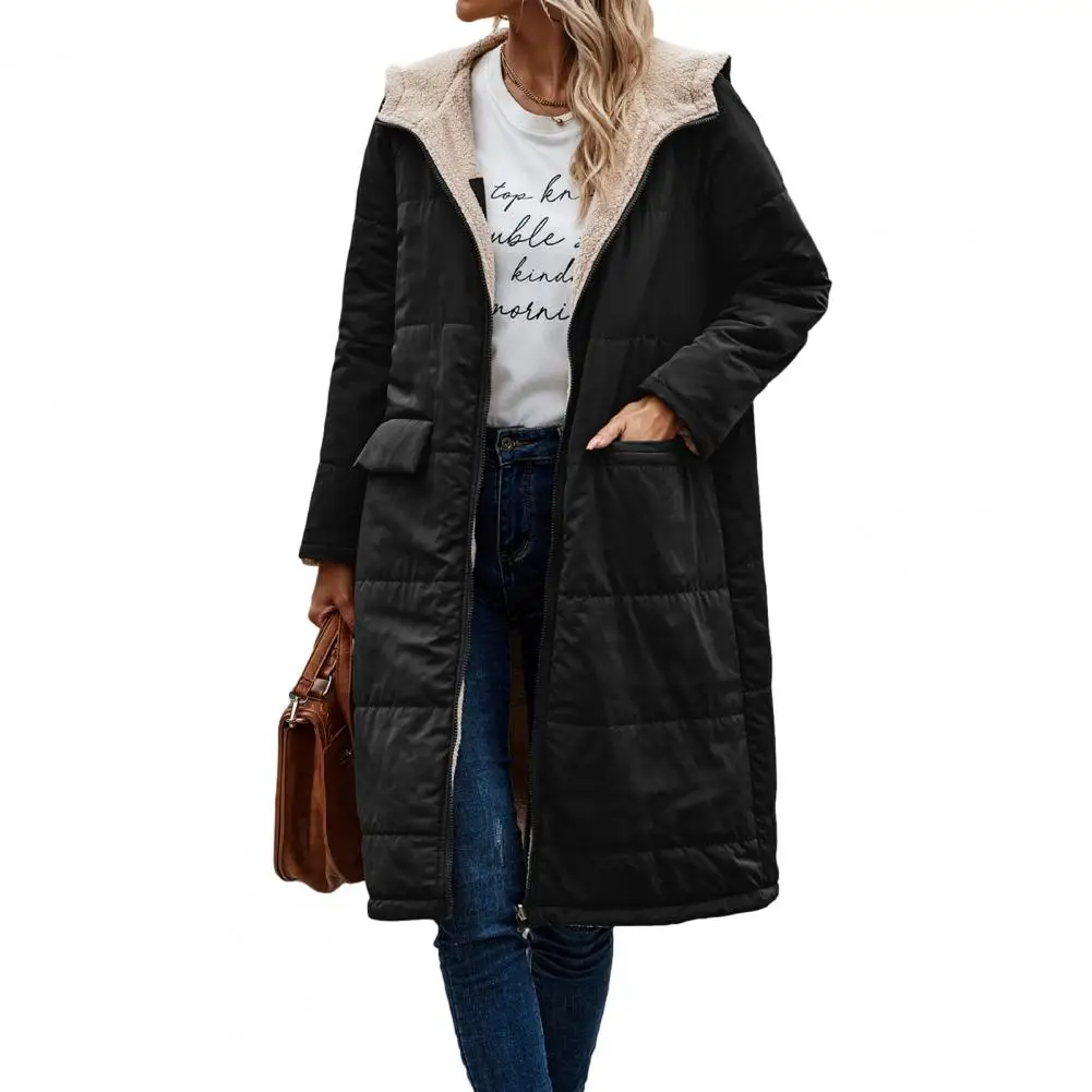 Женская длинная куртка с капюшоном, зимнее сшитое длинное пальто с флисовой подкладкой, двусторонняя одежда, женская модная верхняя одежда на молнии 3