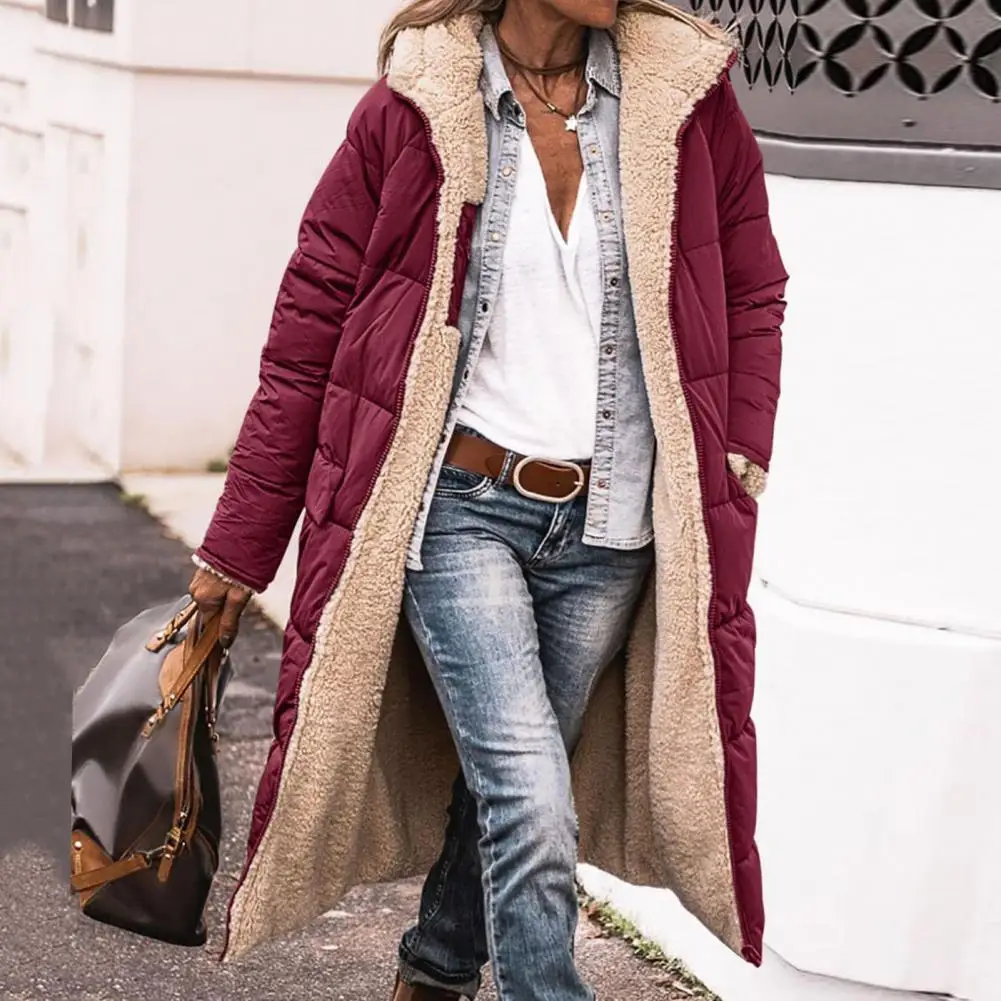 Женская длинная куртка с капюшоном, зимнее сшитое длинное пальто с флисовой подкладкой, двусторонняя одежда, женская модная верхняя одежда на молнии 4