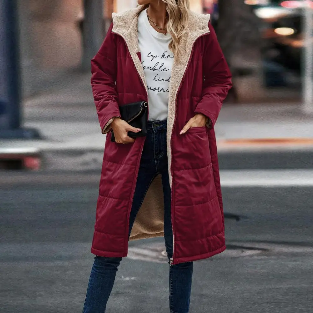 Женская длинная куртка с капюшоном, зимнее сшитое длинное пальто с флисовой подкладкой, двусторонняя одежда, женская модная верхняя одежда на молнии 5