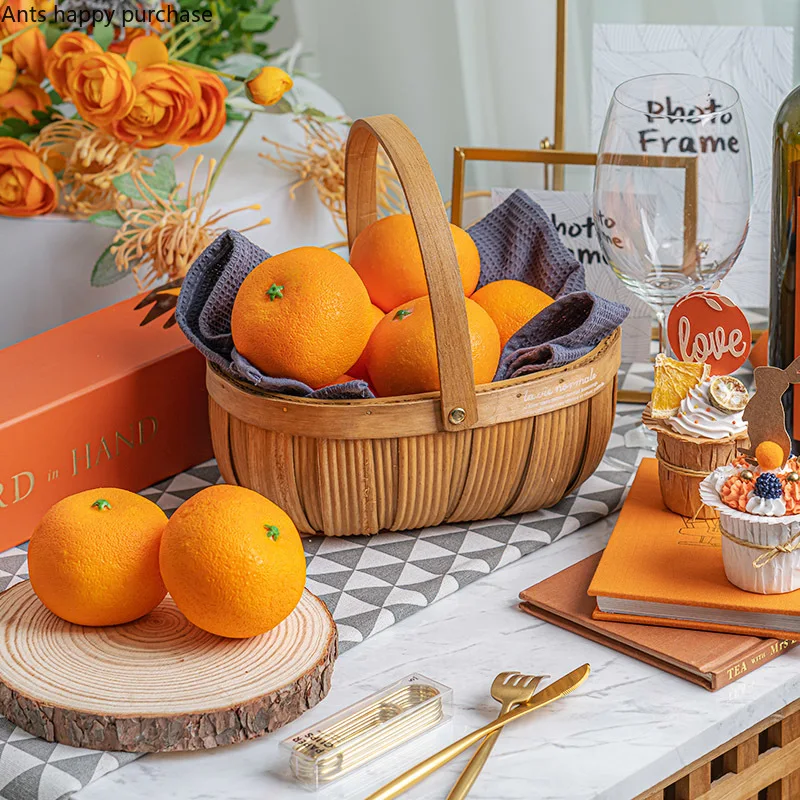 Имитационная модель фруктов, искусственный апельсин, поддельные апельсины, игрушки из искусственных фруктов, реквизит для фотосъемки еды, Ротанговый лоток для хранения, Корзина 0