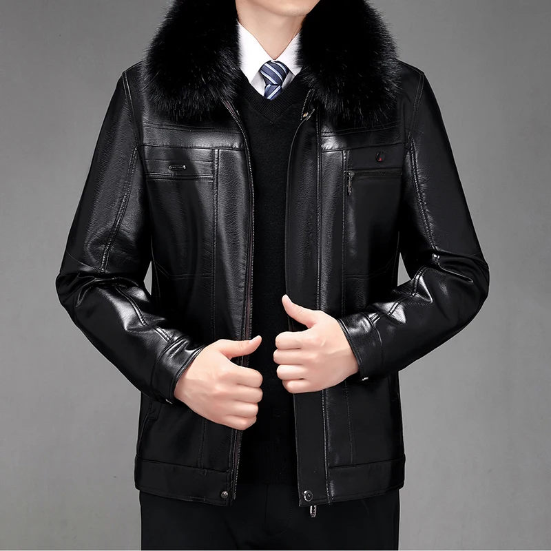 Мужские теплые кожаные куртки с меховым воротником из искусственной кожи, пальто, приталенные мотоциклетные пальто из искусственной кожи, высококачественные мужские флисовые теплые кожаные пальто 0
