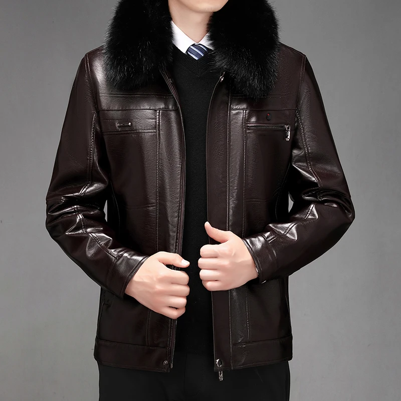 Мужские теплые кожаные куртки с меховым воротником из искусственной кожи, пальто, приталенные мотоциклетные пальто из искусственной кожи, высококачественные мужские флисовые теплые кожаные пальто 1