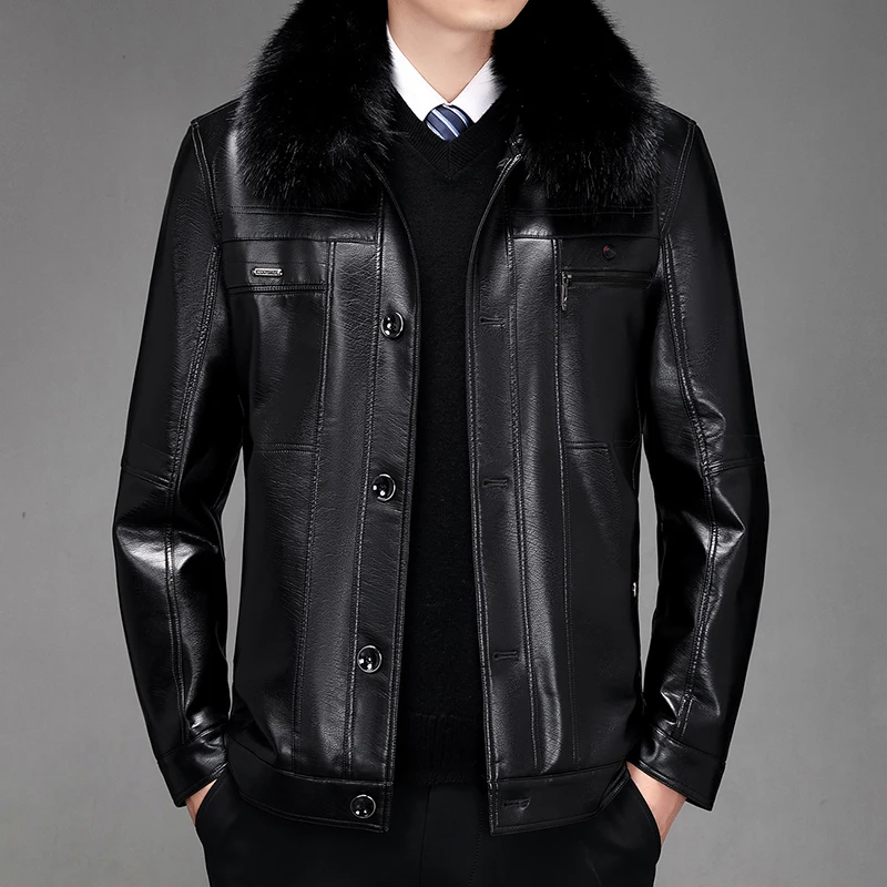 Мужские теплые кожаные куртки с меховым воротником из искусственной кожи, пальто, приталенные мотоциклетные пальто из искусственной кожи, высококачественные мужские флисовые теплые кожаные пальто 2