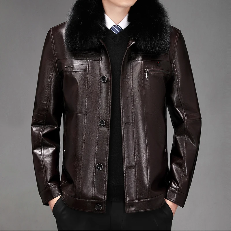 Мужские теплые кожаные куртки с меховым воротником из искусственной кожи, пальто, приталенные мотоциклетные пальто из искусственной кожи, высококачественные мужские флисовые теплые кожаные пальто 3