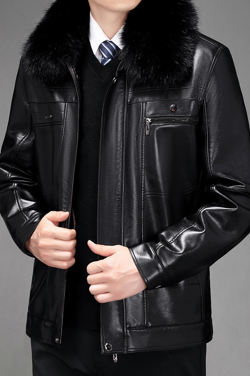 Мужские теплые кожаные куртки с меховым воротником из искусственной кожи, пальто, приталенные мотоциклетные пальто из искусственной кожи, высококачественные мужские флисовые теплые кожаные пальто 5
