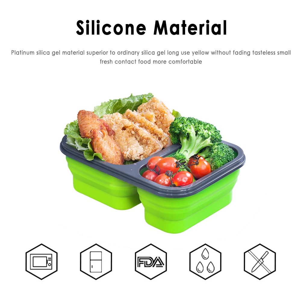 Силиконовый Складной Ланч-бокс Контейнер для хранения продуктов, пригодный для микроволновой печи Портативный Ланч-бокс для пикника, кемпинга, Прямоугольник для ланча на открытом воздухе, Бенто-бокс 2