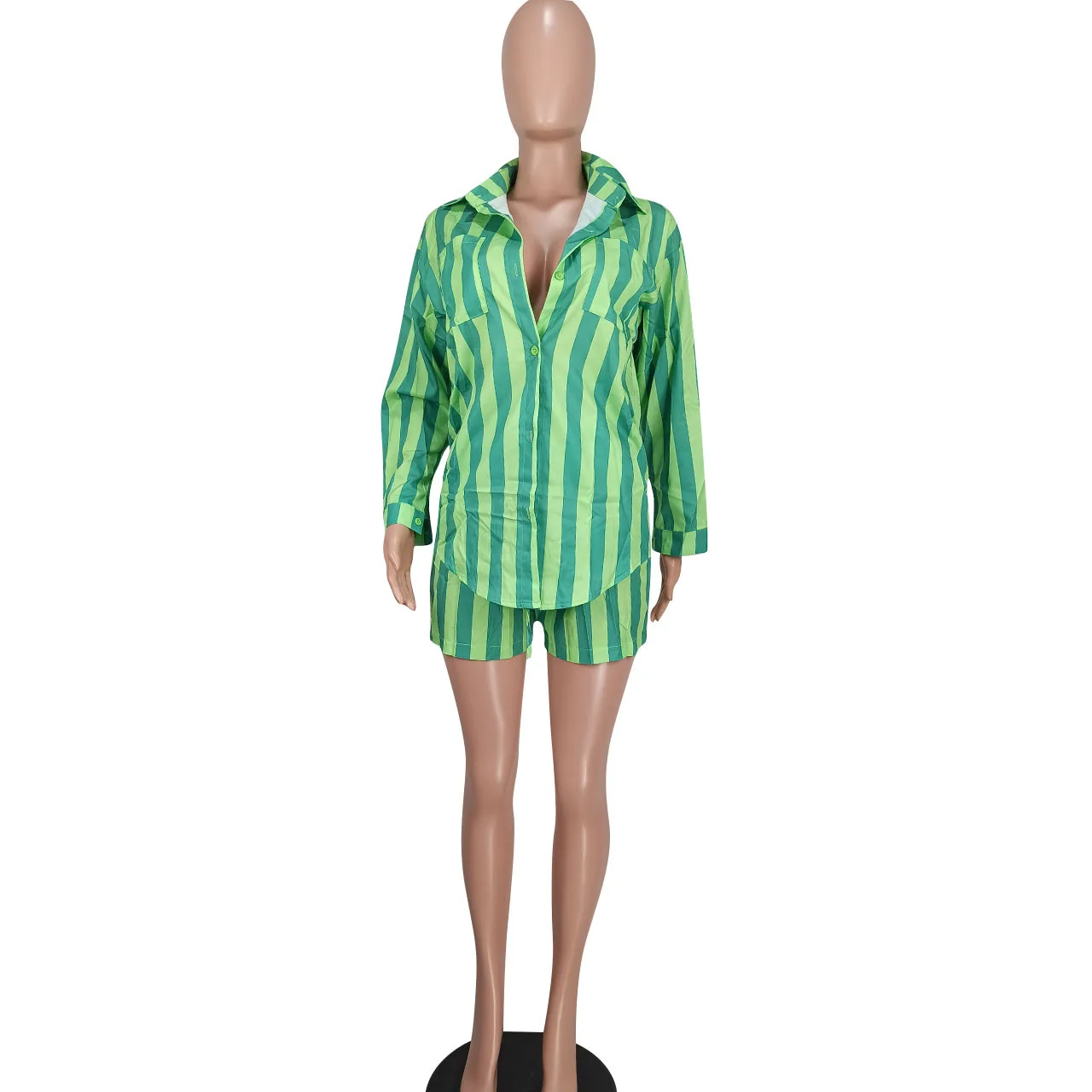 Летний модный свободный комфортный костюм, женская рубашка с длинными рукавами и шорты в четыре эластичные вертикальные полосы, повседневный комплект из двух предметов 3
