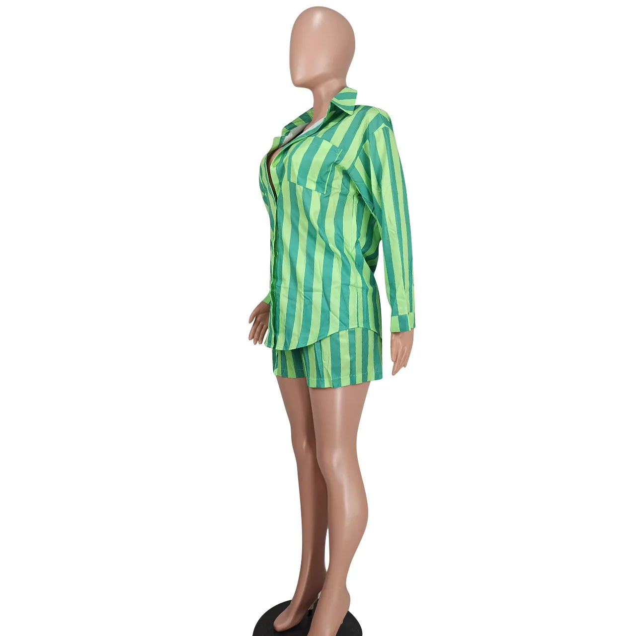 Летний модный свободный комфортный костюм, женская рубашка с длинными рукавами и шорты в четыре эластичные вертикальные полосы, повседневный комплект из двух предметов 4
