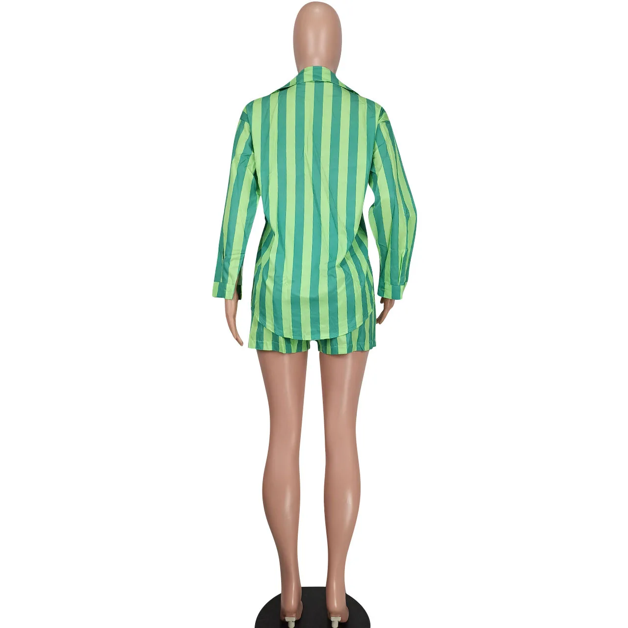 Летний модный свободный комфортный костюм, женская рубашка с длинными рукавами и шорты в четыре эластичные вертикальные полосы, повседневный комплект из двух предметов 5