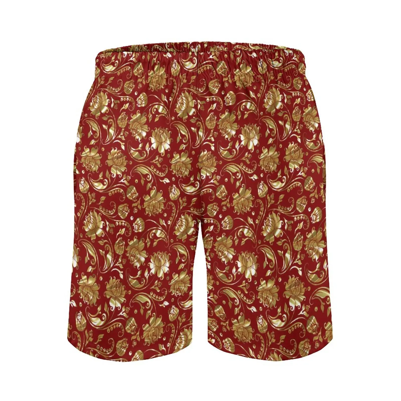 Бордшорты из дамасской ткани в цветочек, золотые и красные, Милые пляжные шорты, мужской дизайн, Удобные пляжные плавки для серфинга, подарок 4