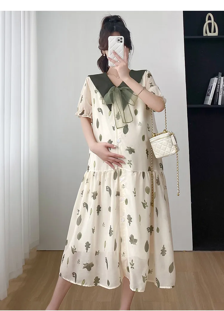Шифоновое платье для кормления с цветочным принтом для беременных, с пышными рукавами и отложным воротником, с бантом, шифоновое платье для беременных и кормящих женщин 1