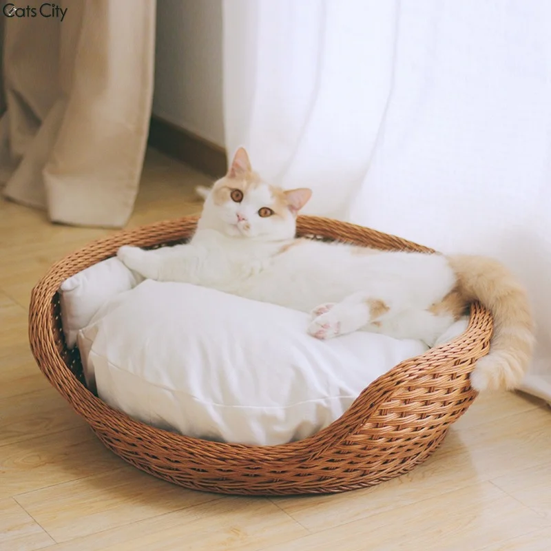 Кровать для домашних животных в форме чаши ручной работы, ротанговые диваны-кровати для кошек с мягкой подушкой 1