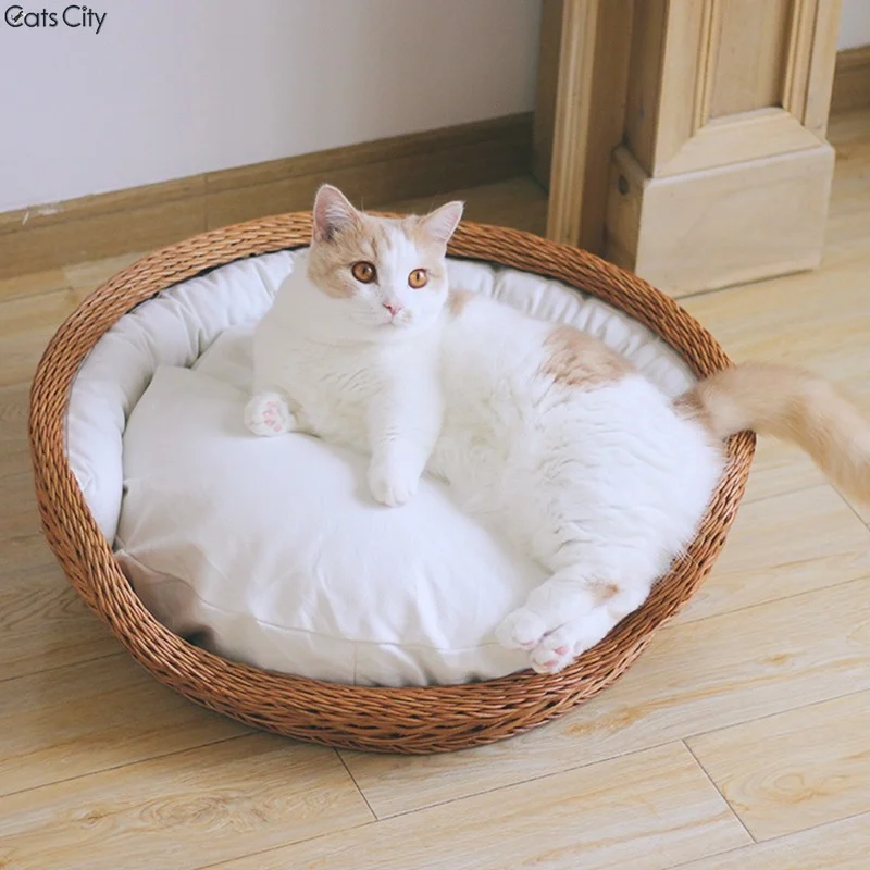 Кровать для домашних животных в форме чаши ручной работы, ротанговые диваны-кровати для кошек с мягкой подушкой 2