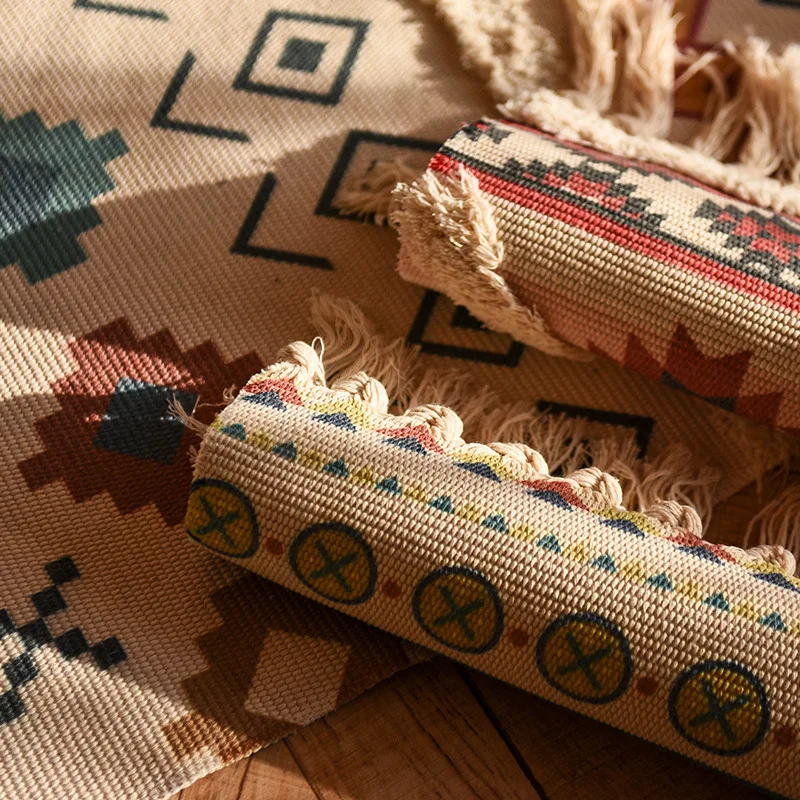Коврик из хлопка и льна, тканый коврик с кисточками, прикроватные коврики для спален, минималистичный современный ковер, механическая стирка 2