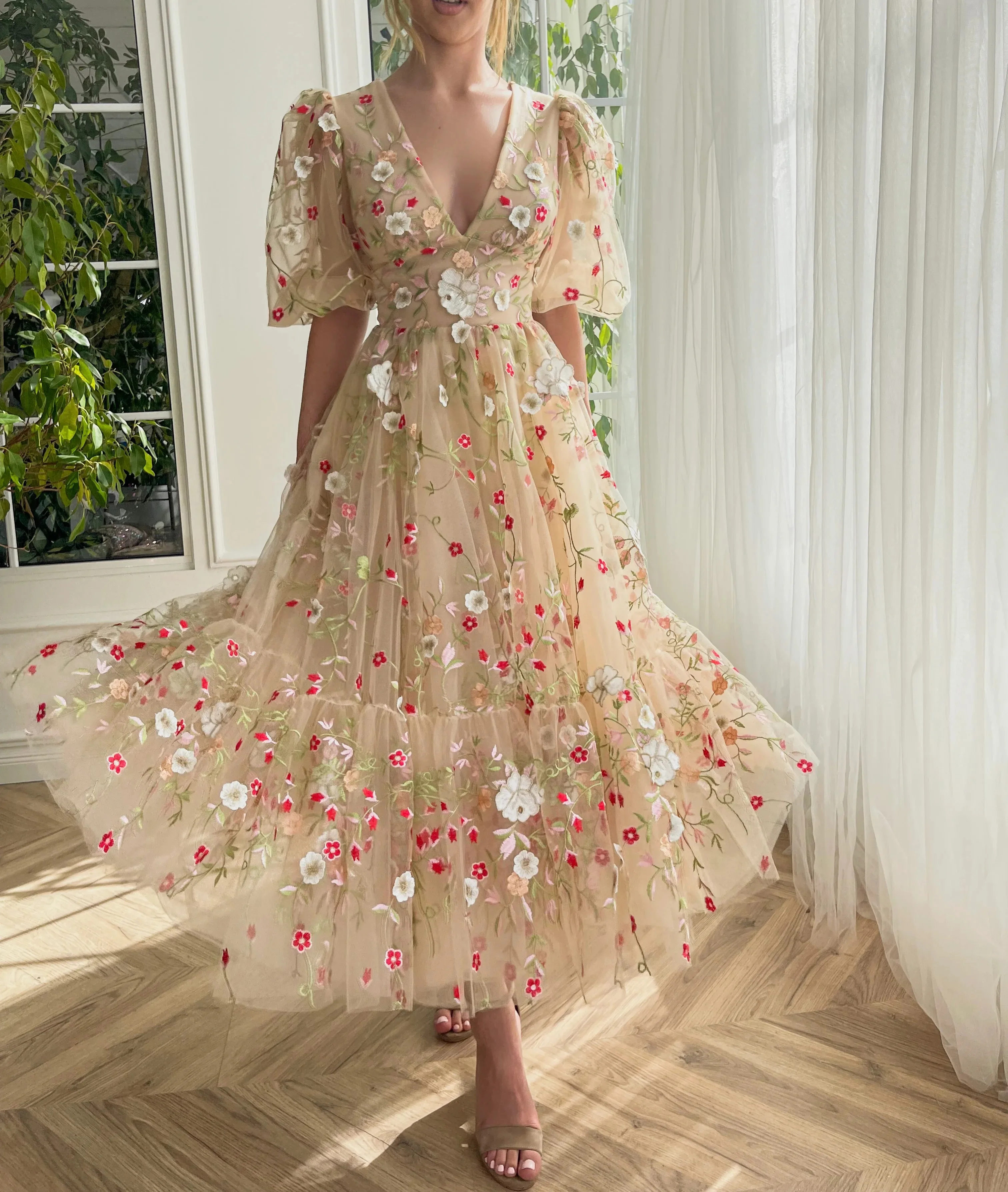 Винтажные вечерние платья с 3D-аппликациями из фатина цвета шампанского с пышными рукавами чайной длины, вечернее платье для подростков vestidos 0
