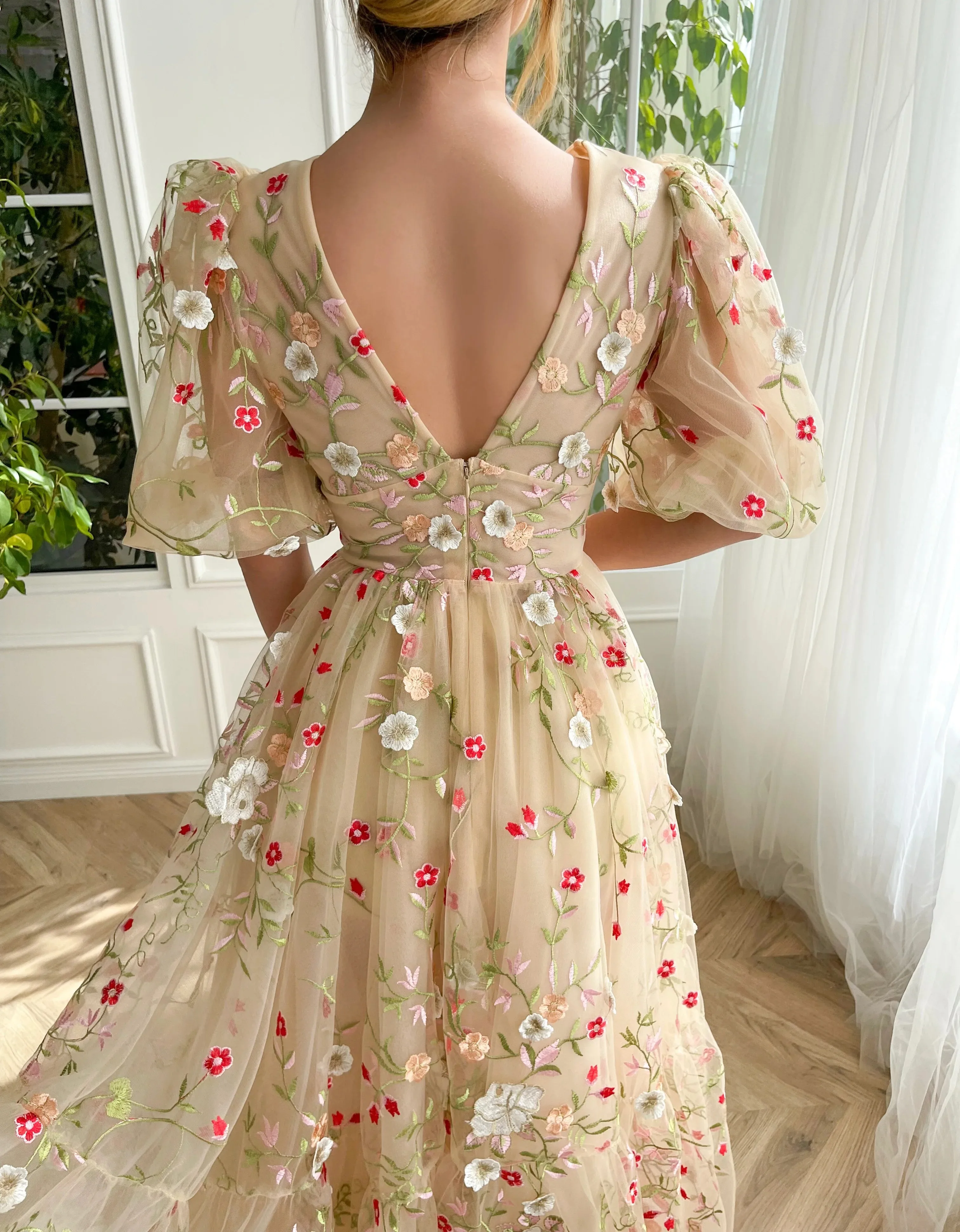 Винтажные вечерние платья с 3D-аппликациями из фатина цвета шампанского с пышными рукавами чайной длины, вечернее платье для подростков vestidos 1
