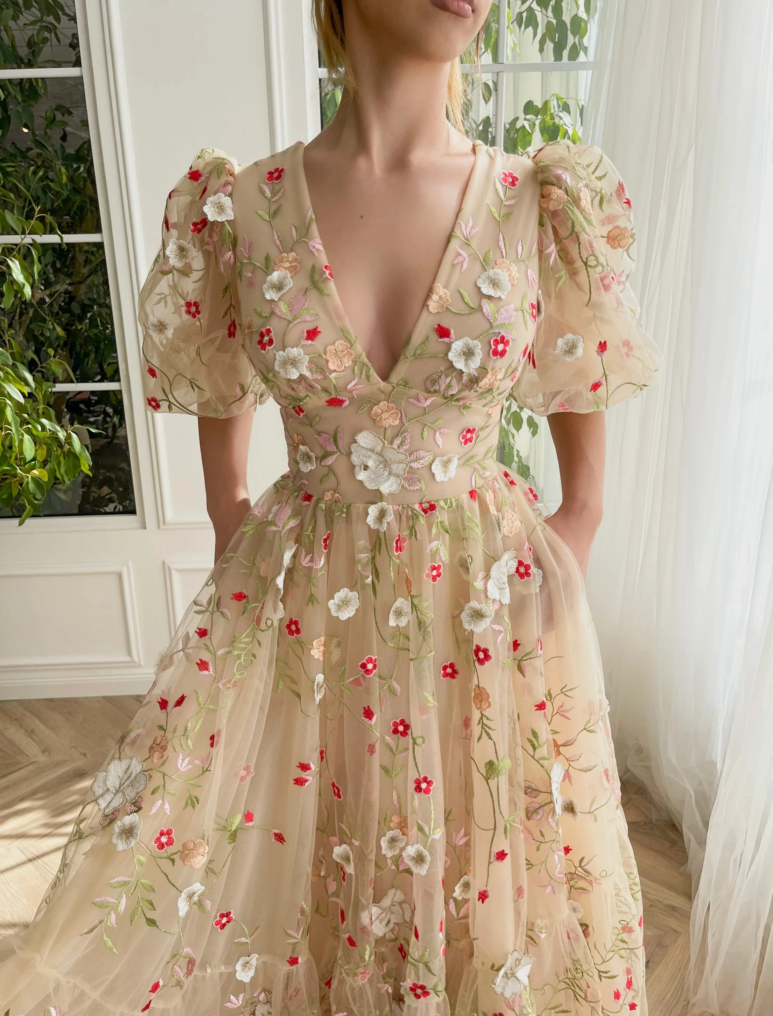 Винтажные вечерние платья с 3D-аппликациями из фатина цвета шампанского с пышными рукавами чайной длины, вечернее платье для подростков vestidos 2