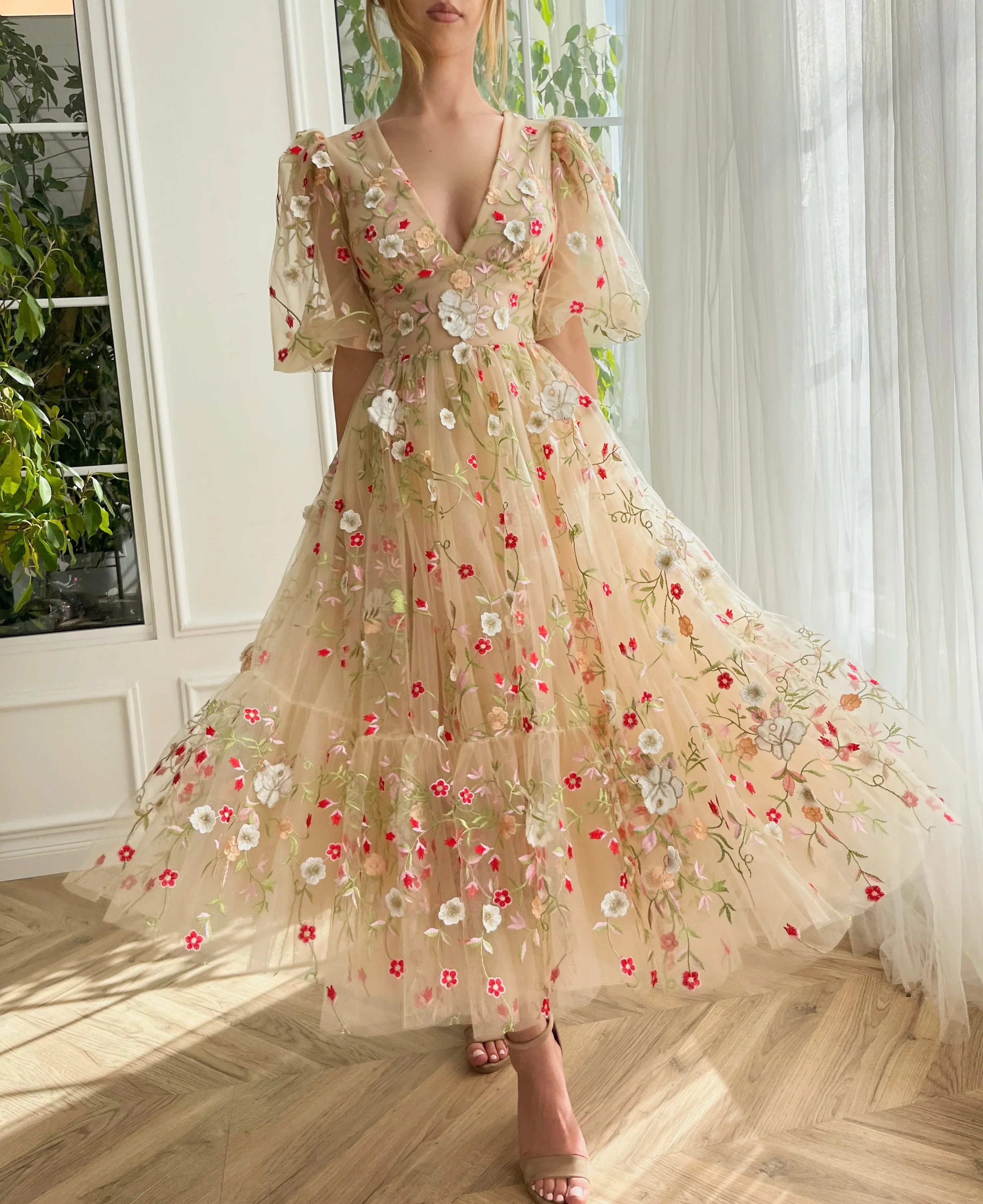 Винтажные вечерние платья с 3D-аппликациями из фатина цвета шампанского с пышными рукавами чайной длины, вечернее платье для подростков vestidos 3