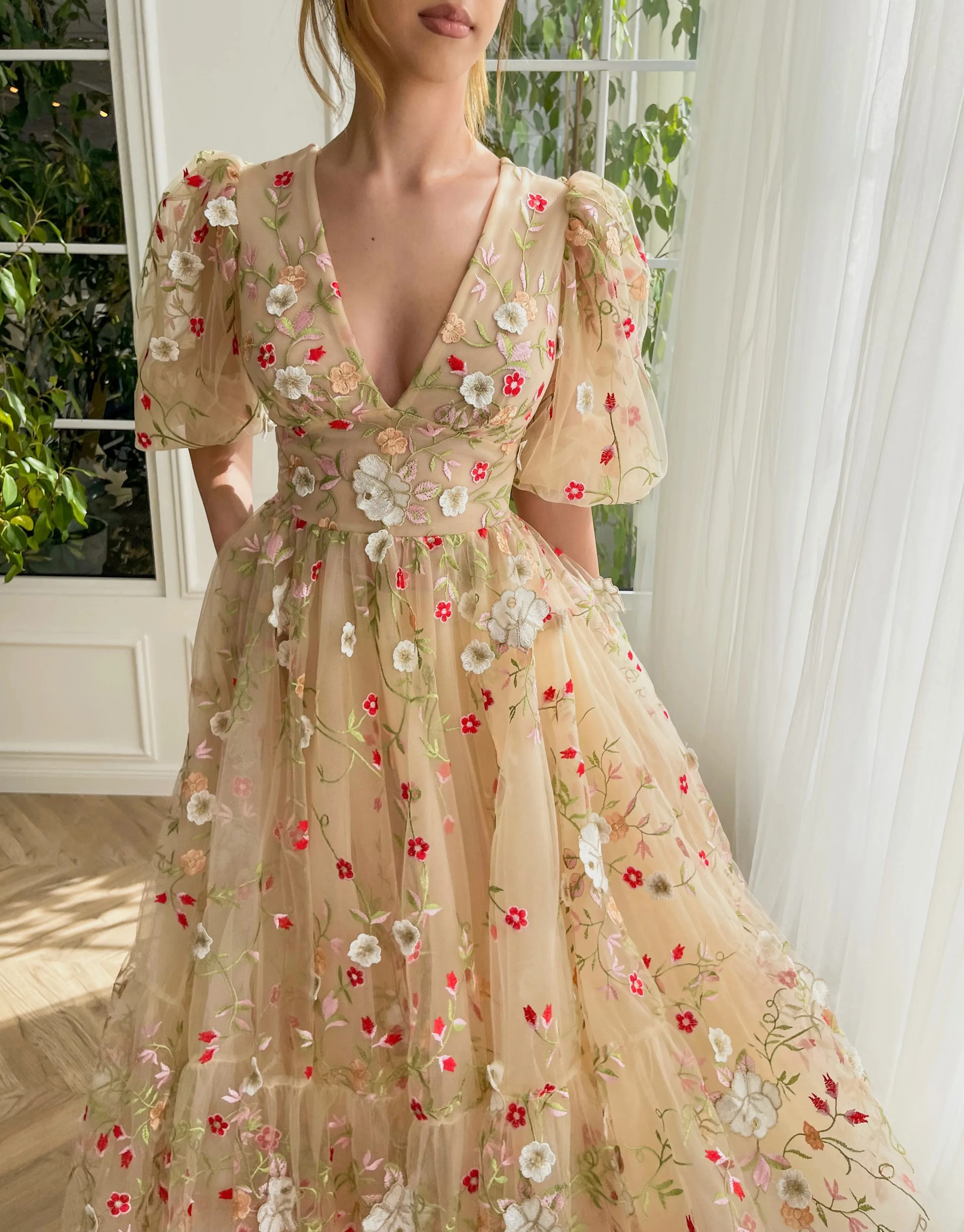 Винтажные вечерние платья с 3D-аппликациями из фатина цвета шампанского с пышными рукавами чайной длины, вечернее платье для подростков vestidos 4