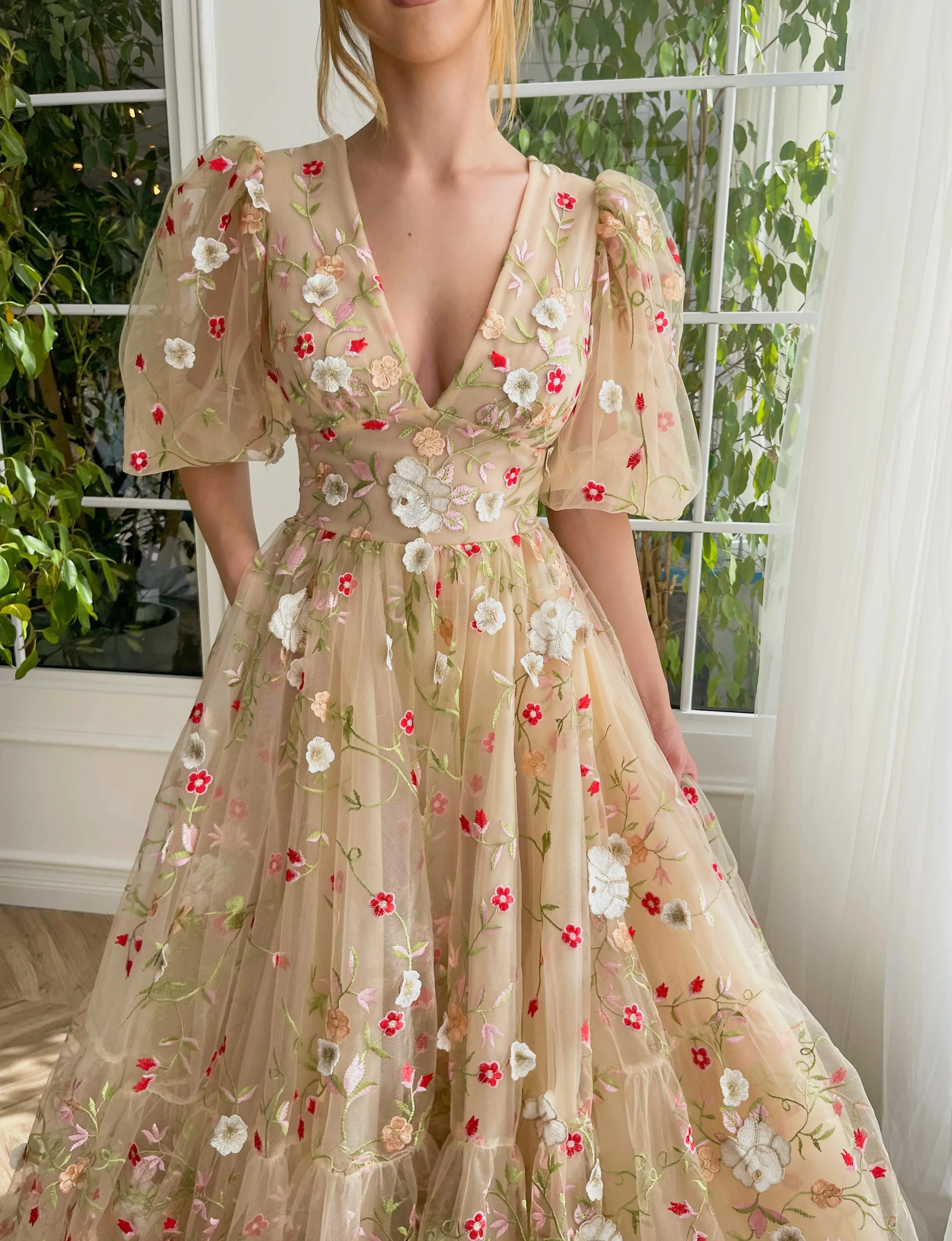 Винтажные вечерние платья с 3D-аппликациями из фатина цвета шампанского с пышными рукавами чайной длины, вечернее платье для подростков vestidos 5