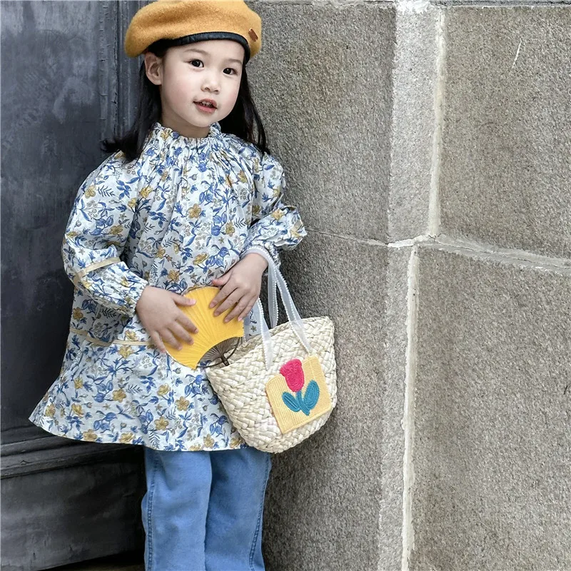 Летняя соломенная сумочка для маленьких девочек, милая цветочная сумка-тоут, детская сумка через плечо, сумки принцессы, Детская сумка в корейском стиле 0