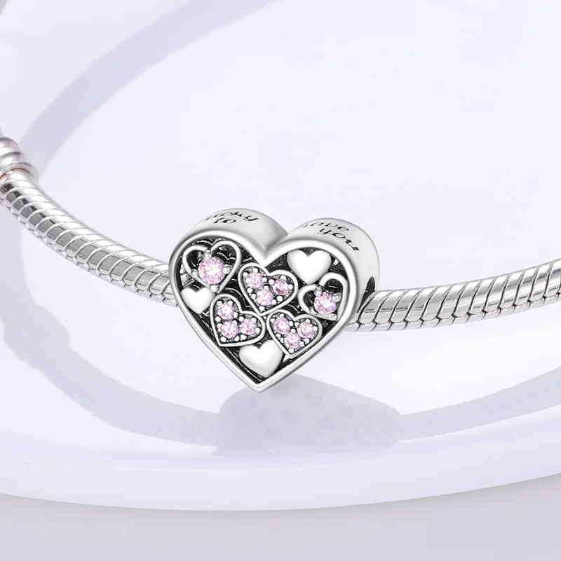 Fit Pandora 925 Оригинальный браслет S925 стерлингового серебра с розовым цирконом, бусина в виде сердца, шарм, сделай сам, ювелирные изделия для женщин, новинка в 3