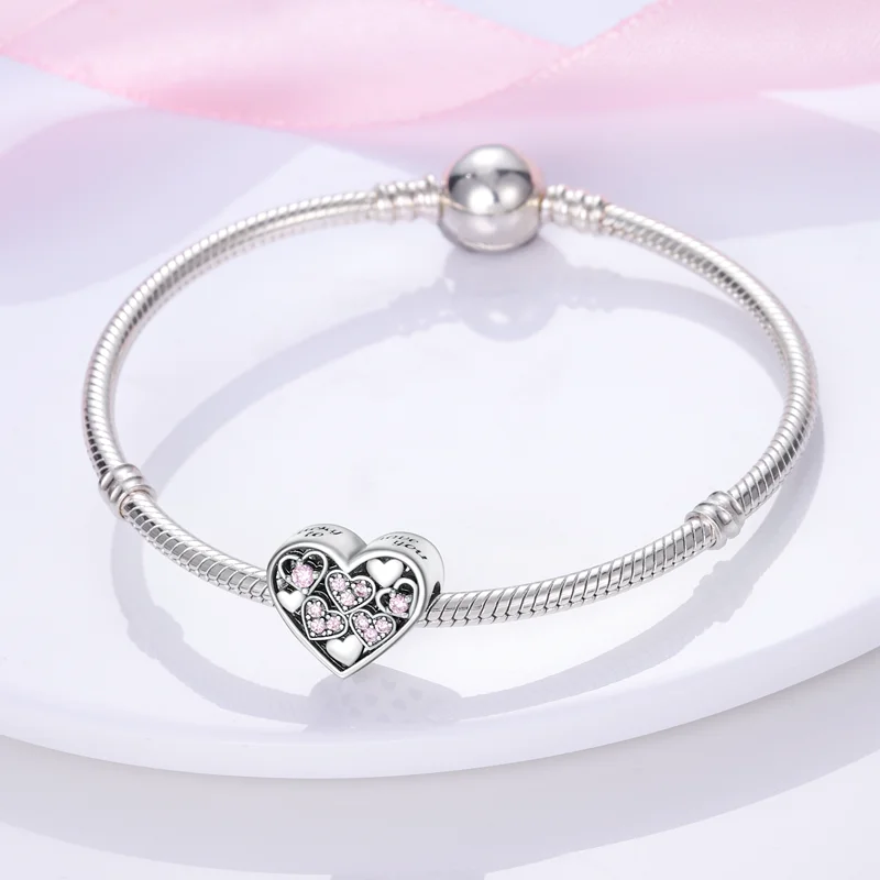 Fit Pandora 925 Оригинальный браслет S925 стерлингового серебра с розовым цирконом, бусина в виде сердца, шарм, сделай сам, ювелирные изделия для женщин, новинка в 4