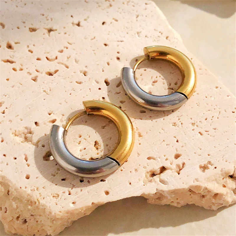 Металлические серьги-кольца с двухцветным соединением, Титановая сталь, позолоченные Женские серьги для женщин, подарок для вечеринки 2023 0