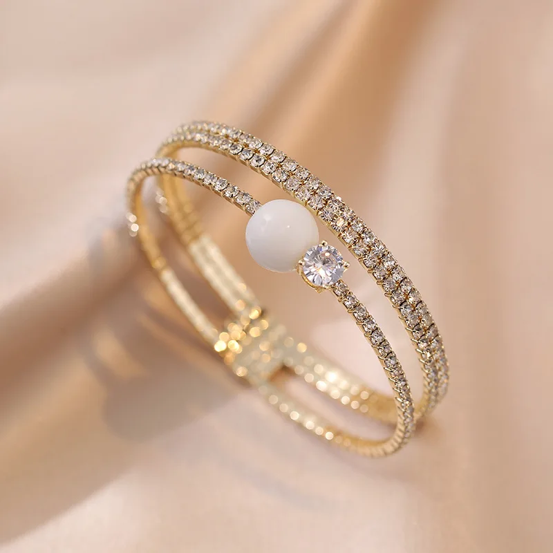 Роскошный браслет из белого хрусталя и циркона в стиле OL, браслеты для женщин, многорядный свадебный браслет золотого цвета, ювелирные изделия для помолвки 0