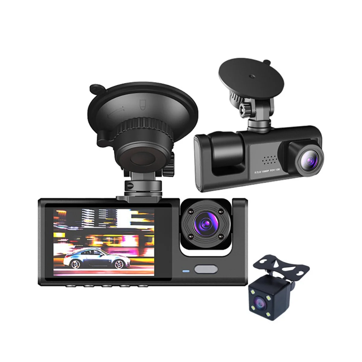 Автомобильный видеорегистратор с 3 объективами камеры, 3-канальный видеорегистратор HD 1080P, внутренняя видеорегистраторная камера спереди и сзади, видеорегистратор ночного видения 0