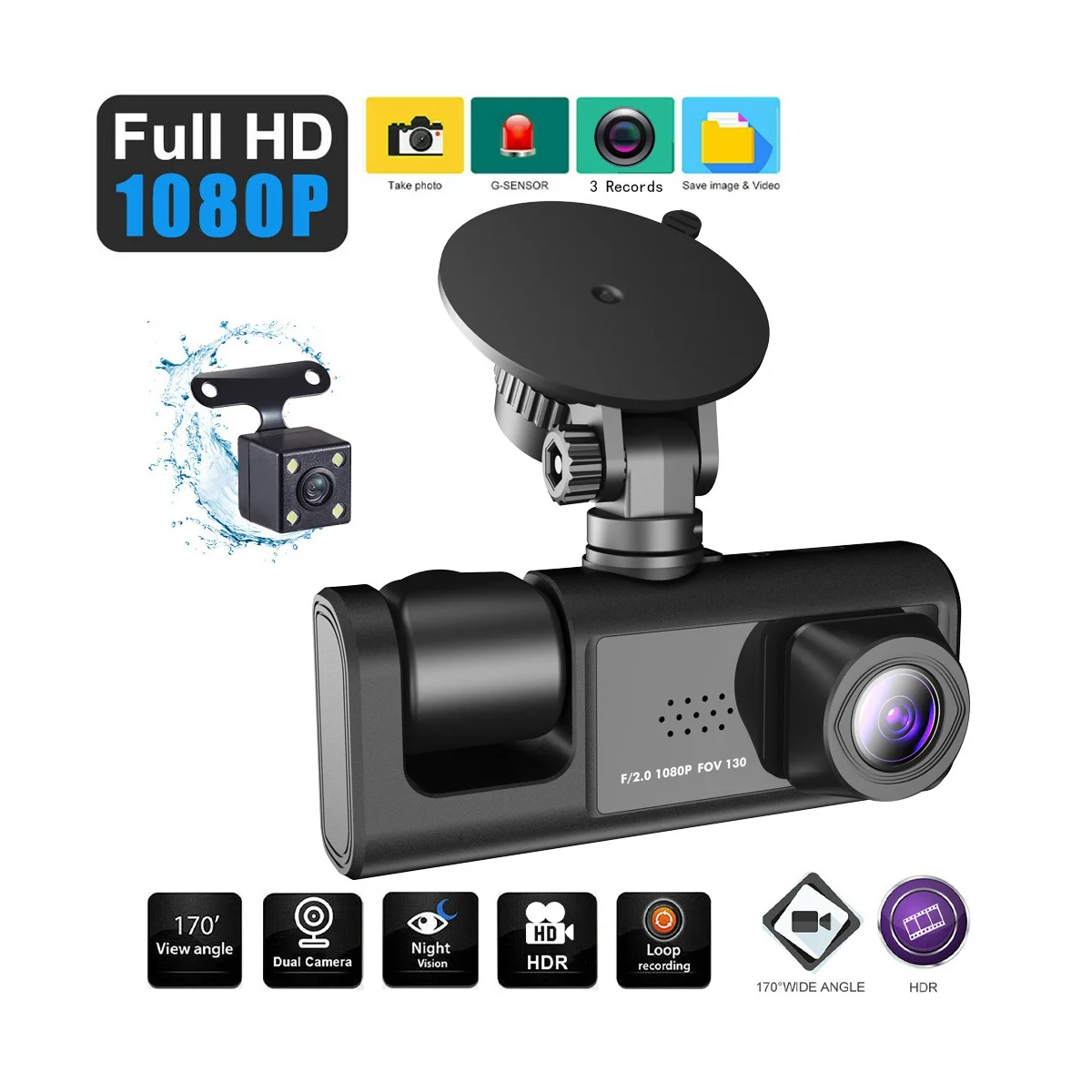 Автомобильный видеорегистратор с 3 объективами камеры, 3-канальный видеорегистратор HD 1080P, внутренняя видеорегистраторная камера спереди и сзади, видеорегистратор ночного видения 1