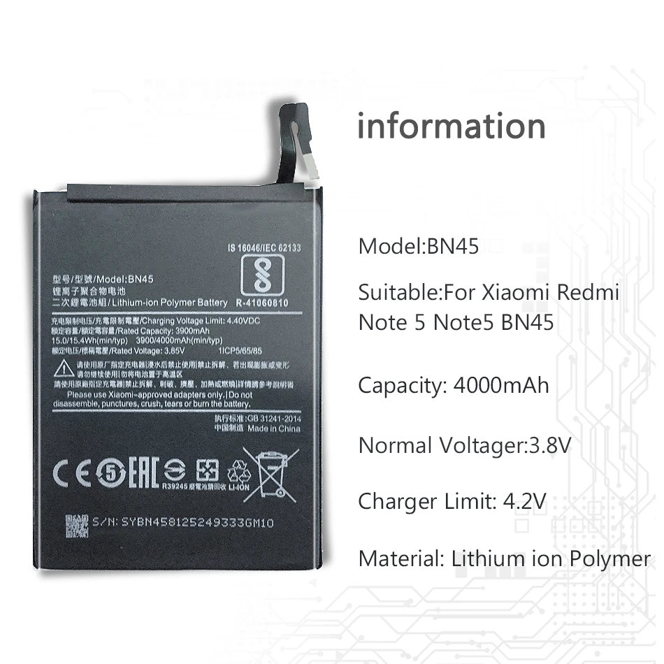 Bateria 4000mAh Batterie BN45 Аккумулятор для Телефона Xiaomi Redmi Note 5 Note5 Для Xiao Mi Redmi Note5 BN 45 Аккумулятор Большой емкости 2