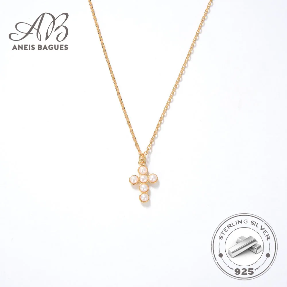 Aneis Bagues, Серебро 925 пробы, 18-Каратный Позолоченный набор, Ожерелье с крестом из пресноводного жемчуга Для женщин, Ювелирное ожерелье 0