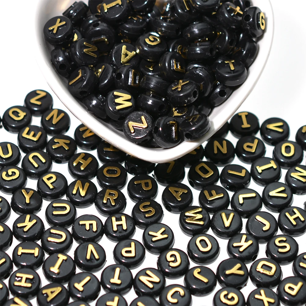 10 мм Черные акриловые круглые Плоско-выпуклые бусины с буквами золотого/серебристого цвета 