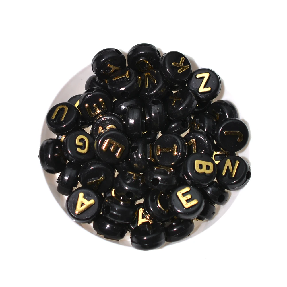 10 мм Черные акриловые круглые Плоско-выпуклые бусины с буквами золотого/серебристого цвета 