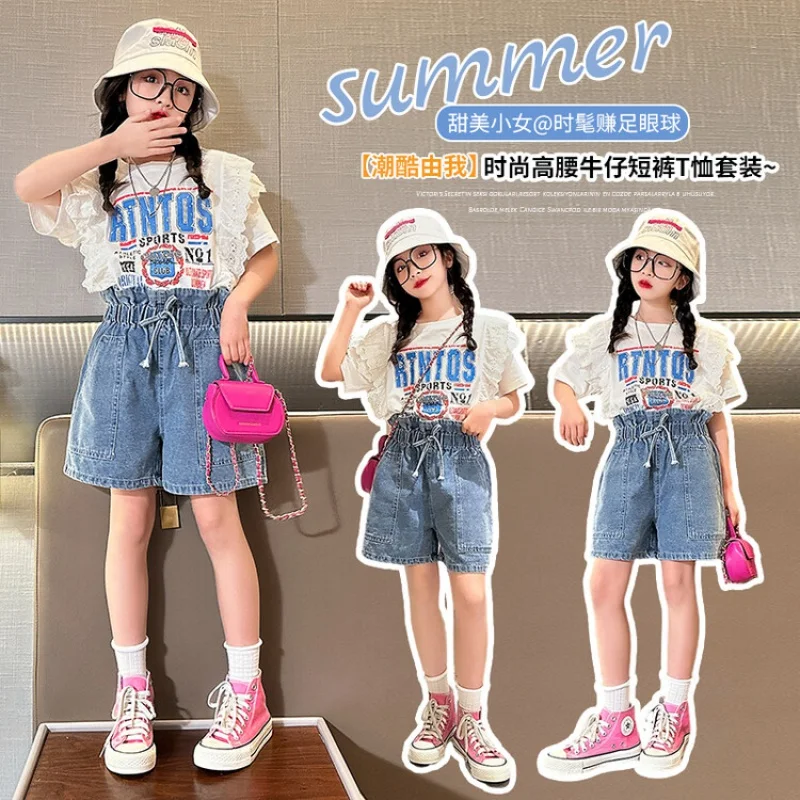 Комплект летней одежды для девочек, детский костюм сверху и снизу для подростков 4-16 лет, одежда для студентов, детская верхняя одежда в корейском стиле 1