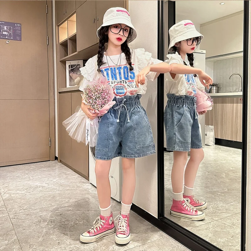 Комплект летней одежды для девочек, детский костюм сверху и снизу для подростков 4-16 лет, одежда для студентов, детская верхняя одежда в корейском стиле 4