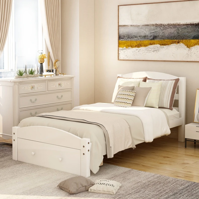Каркас односпальной кровати на белой платформе с ящиком для хранения и деревянной планкой, пружинный блок не требуется, для мебели для спальни в помещении 0
