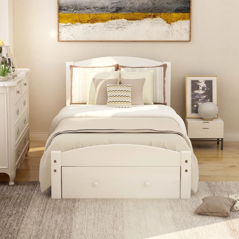 Каркас односпальной кровати на белой платформе с ящиком для хранения и деревянной планкой, пружинный блок не требуется, для мебели для спальни в помещении 1