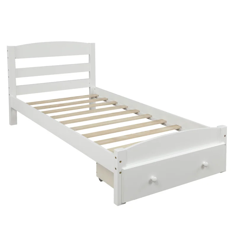 Каркас односпальной кровати на белой платформе с ящиком для хранения и деревянной планкой, пружинный блок не требуется, для мебели для спальни в помещении 3
