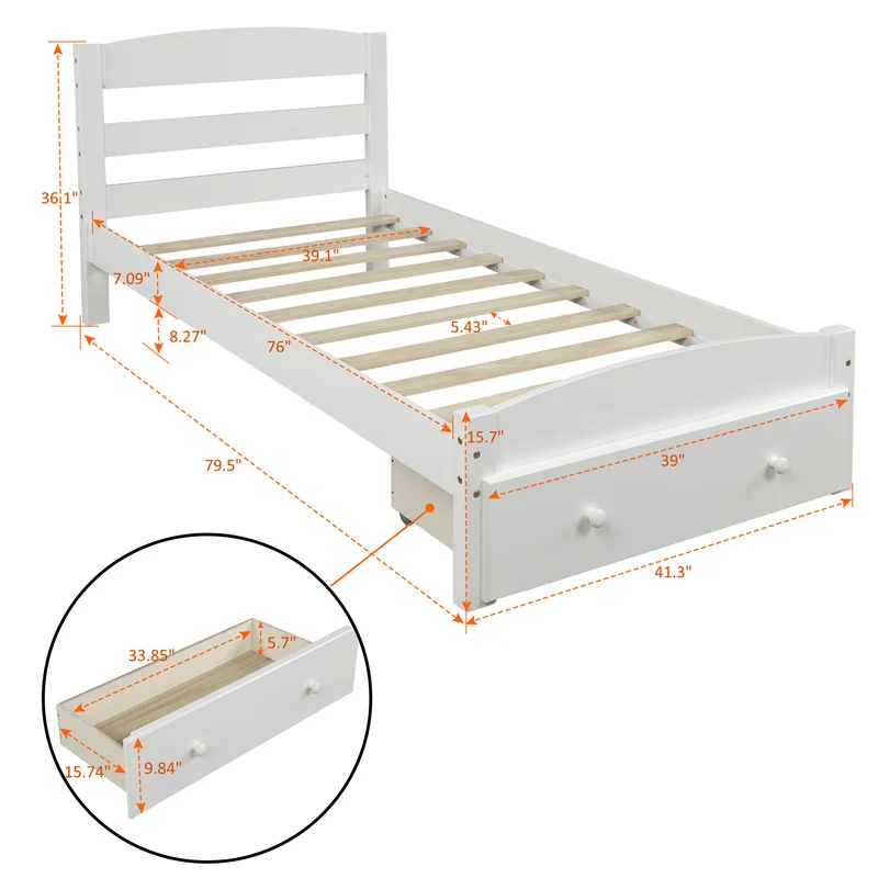 Каркас односпальной кровати на белой платформе с ящиком для хранения и деревянной планкой, пружинный блок не требуется, для мебели для спальни в помещении 5