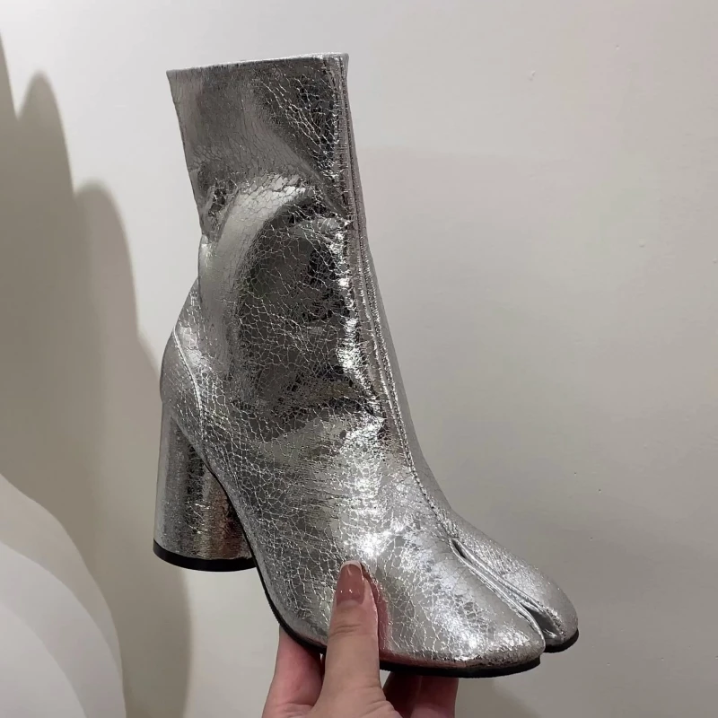 Серебристые ботильоны на высоком каблуке с раздельным носком, женские брендовые дизайнерские зимние вечерние туфли Botas Mujer на толстом каблуке с боковой молнией для женщин 0