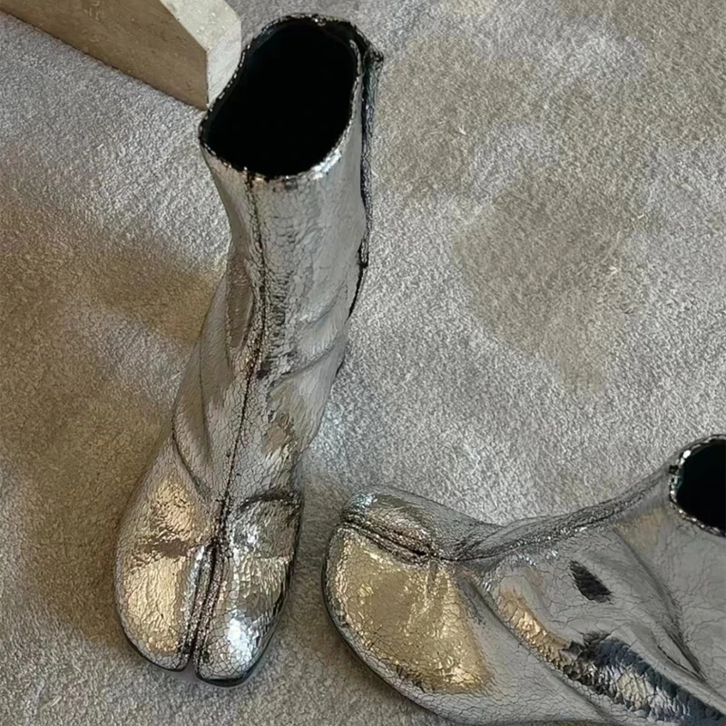 Серебристые ботильоны на высоком каблуке с раздельным носком, женские брендовые дизайнерские зимние вечерние туфли Botas Mujer на толстом каблуке с боковой молнией для женщин 1