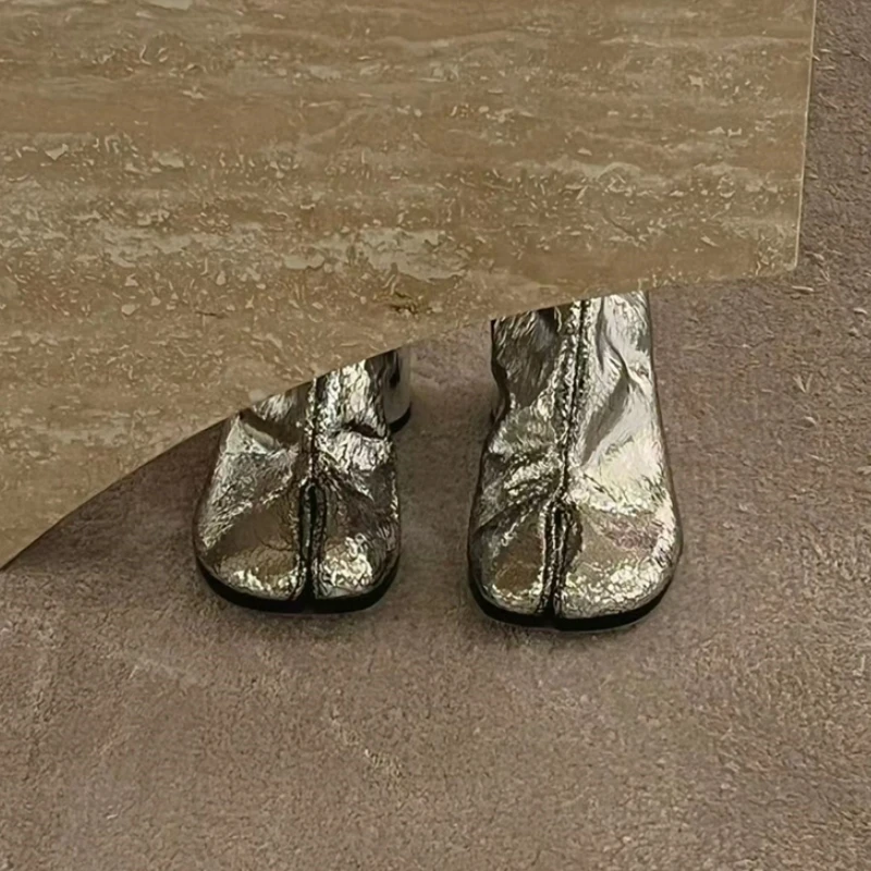 Серебристые ботильоны на высоком каблуке с раздельным носком, женские брендовые дизайнерские зимние вечерние туфли Botas Mujer на толстом каблуке с боковой молнией для женщин 3