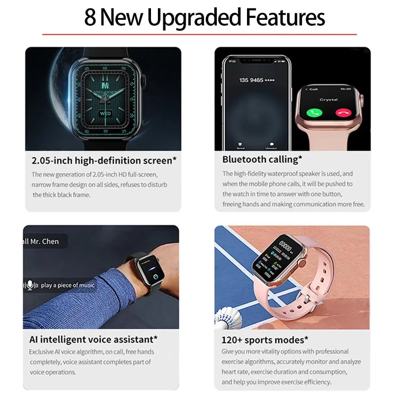 Новая серия смарт-часов IW9 для мужчин с Bluetooth-вызовом, 2,05-дюймовый HD-экран, пользовательский циферблат, водонепроницаемые женские смарт-часы IP68 для Apple Watch 9 1