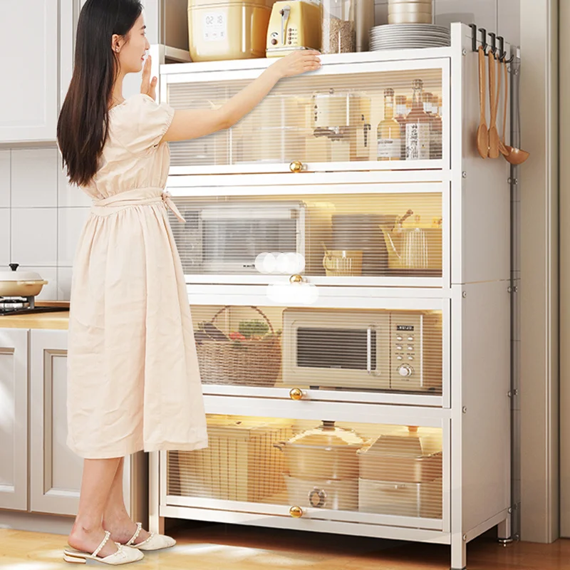Современные кухонные шкафы из углеродистой стали, домашняя кухонная мебель, простой шкаф для хранения посуды, Многослойная полка с откидной дверцей 0