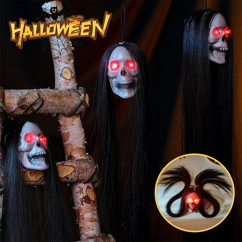 Новый Хэллоуин Подвесной Призрачный Череп с длинными волосами, светящимися глазами, Череп Ужаса, голова призрака, Скелет, реквизит для вечеринок 2023 года 0