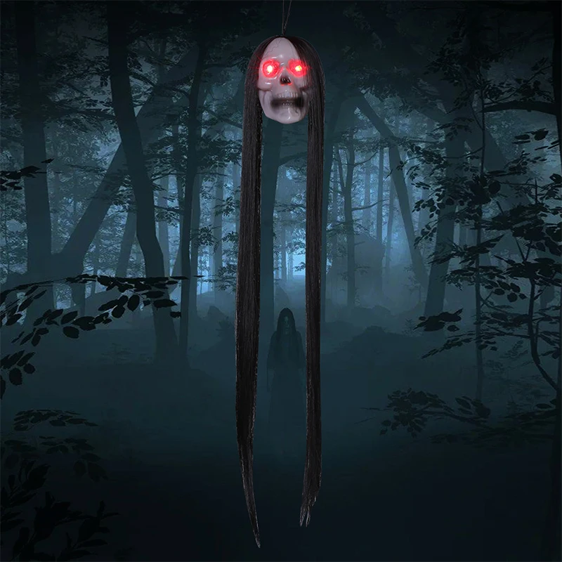 Новый Хэллоуин Подвесной Призрачный Череп с длинными волосами, светящимися глазами, Череп Ужаса, голова призрака, Скелет, реквизит для вечеринок 2023 года 4