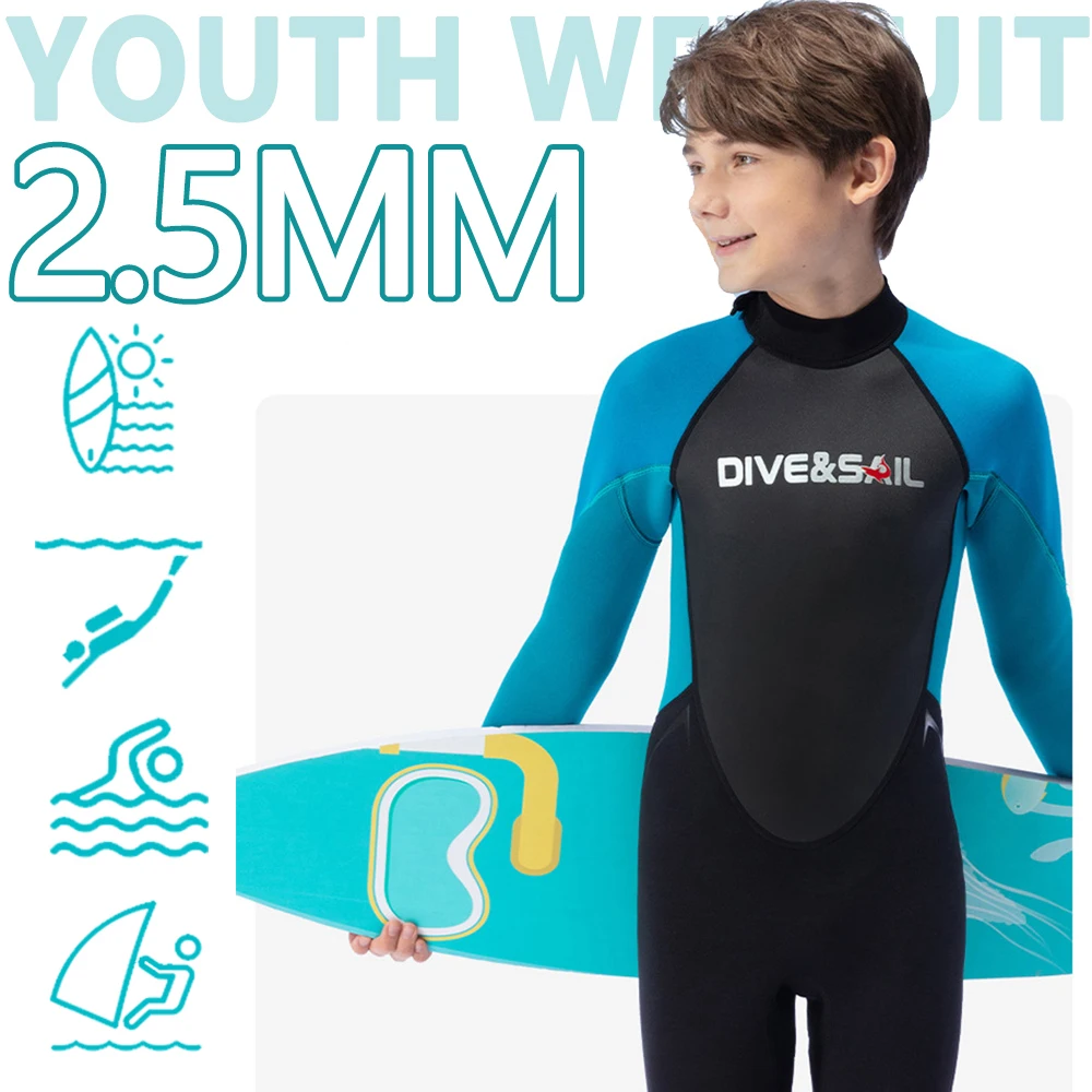 Детский гидрокостюм из неопрена толщиной 2,5 мм, цельный, с длинными рукавами, защищающий от солнца и теплый молодежный купальник для подводного плавания и серфинга 1